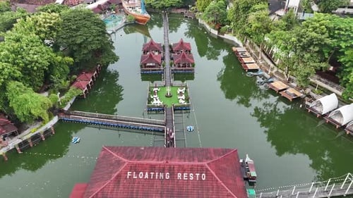 Scenic Floating Restaurant and Lake from Above