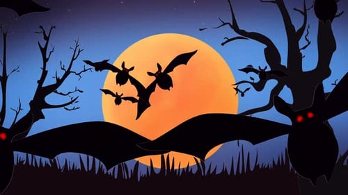 Scary Children's Halloween Animation Background Night Landscape with Moon and Bats to Insert Text