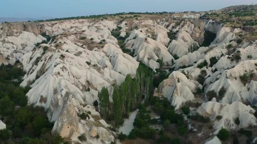 Dramatic aerial view of Cappadocia's unique rock formations