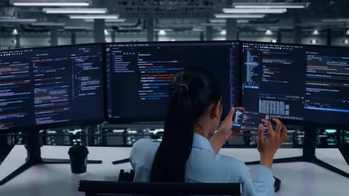 Vue arrière d'une développeuse asiatique travaillant avec un téléphone portable tout en écrivant du code dans un centre de données