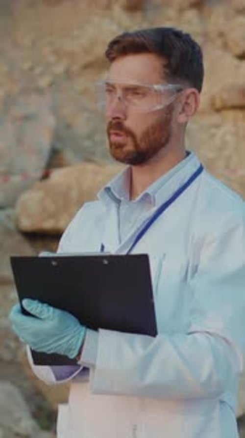 A Professional Scientist Diligently Examining Data Collectively in the Field Outdoors