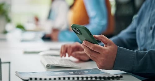 Office, phone and hands of business man online for typing email, contact and website review