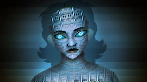 woman revealing herself as a glitched artificial intelligence hologram