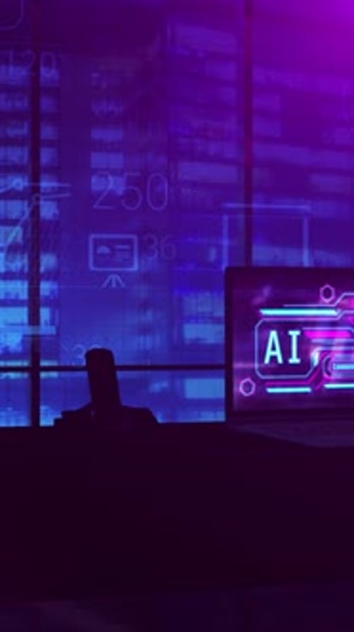 Work of Artificial Intelligence on a Laptop Screen in Night Office 3D Render