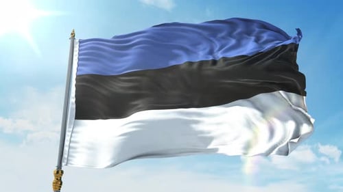 Estonian Flag Waving in the Wind against Blue Sky