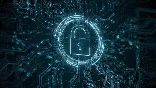 Security Hologram Virtual Hud Pin with Shield and Lock Concept of Finance Data Privacy and