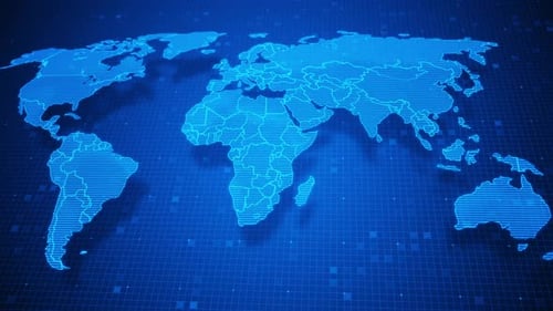 Digital World Map Animation with Glowing Lines and Moving Grid Background