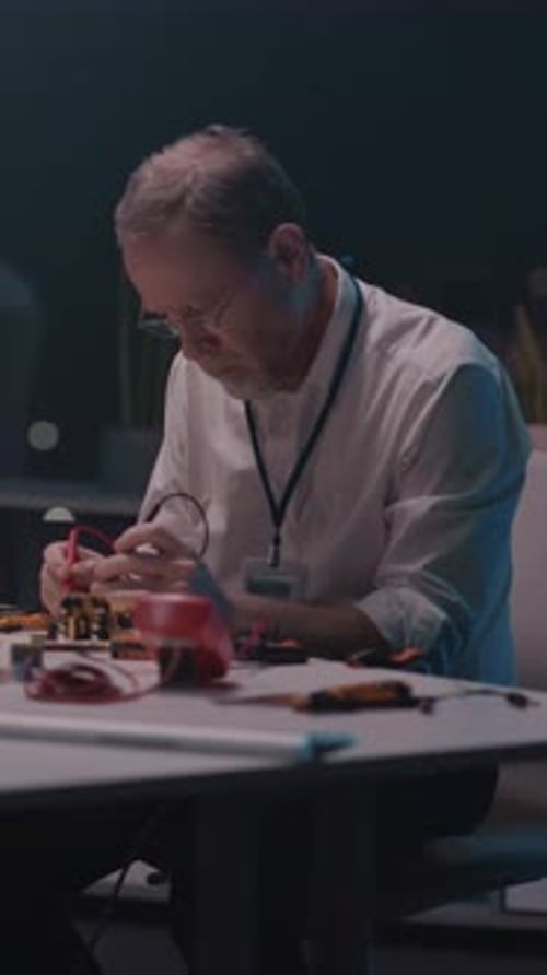 Old Pensioner Soldering Microchip Material for Device Working Late at Night in Corporate Office