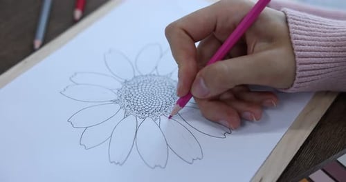 Frau zeichnet Skizze einer Blume am Holztisch, Nahaufnahme