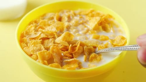 Corn Flakes and Milk Breakfast Close Up