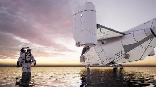 Futuristic Astronaut and Spacecraft Immersed in Water Scene