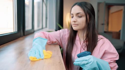 Close up shot of Housewife in blue rubber gloves washes, spraying windowsill at room
