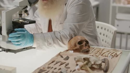 Elderly Scientist Using Microscope and Taking Notes in Archaeology Laboratory