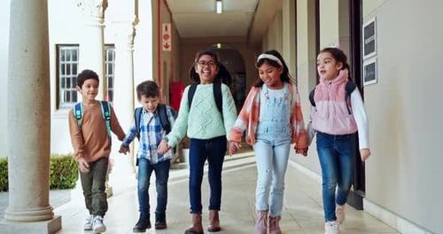 Children laugh, school and holding hands with smile and students with education and youth