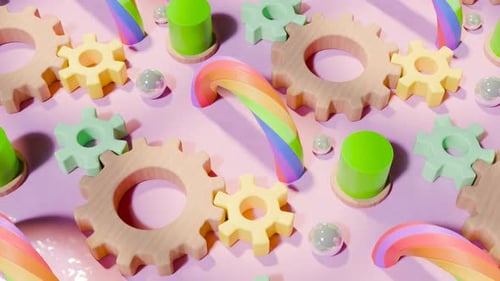 3D Rendering of Looped Rotating Gears on Pink Background