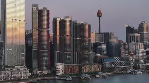 Skyline Buildings At Darling Harbour In Sydney, Australia - Drone cityscape in the evening