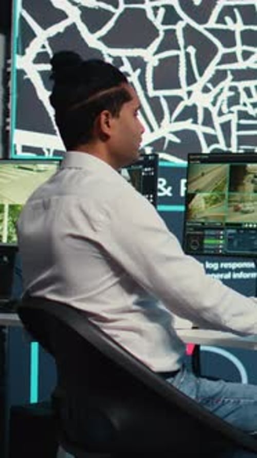 Young Adult Monitors Security Systems in Modern Office