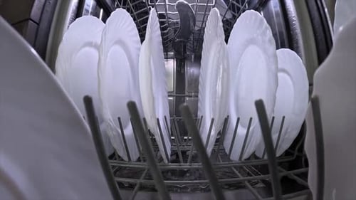 Dishwasher Cleaning White Plates Inside Home Kitchen