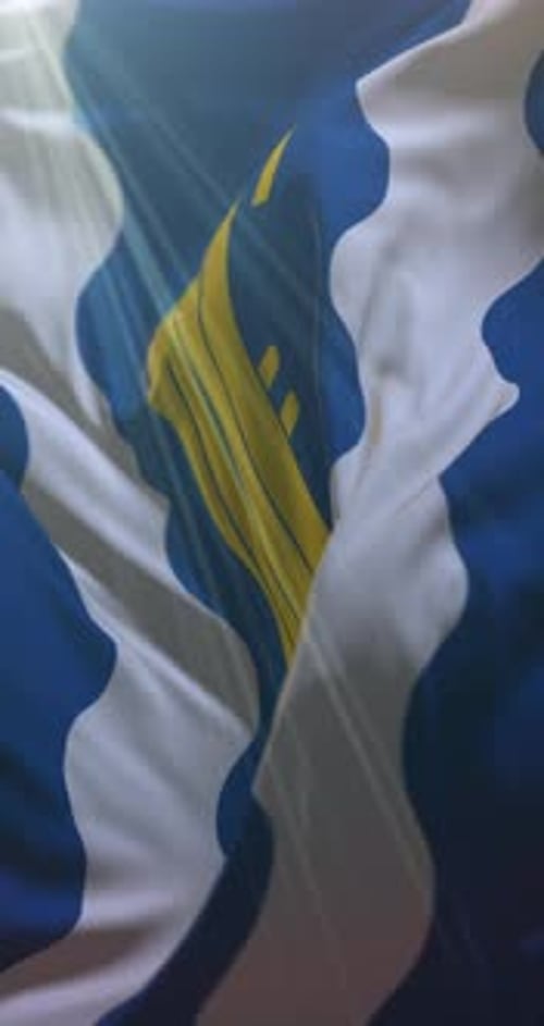 Waving Blue and White Flag Animation with Yellow Emblem and Lens Flare
