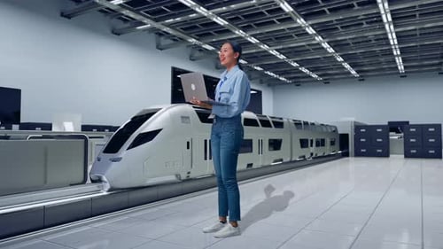 Woman with Laptop Inspecting Futuristic Train