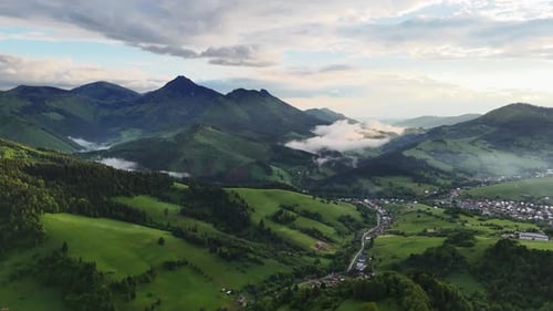 Aerial View of a Beautiful Rural Landscape in the Carpathian Mountains in Spring