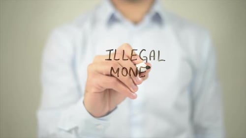 Illegal Money Man Writing on Transparent Screen