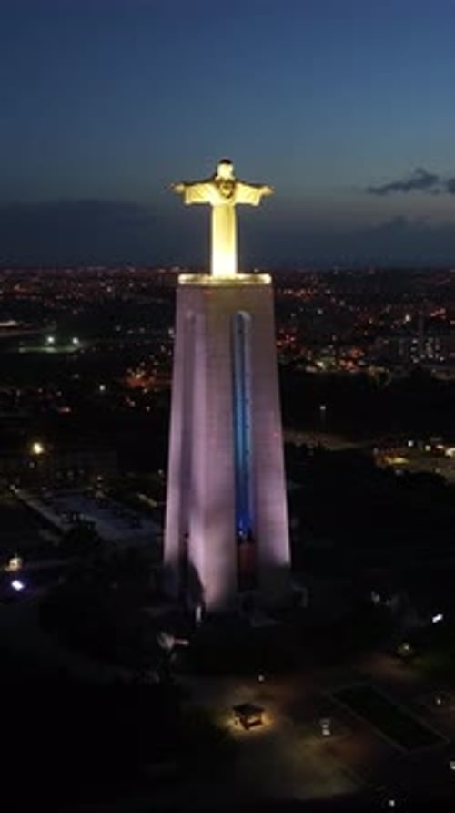 Night View of King Christ At Almada In District Of Lisbon Portugal.