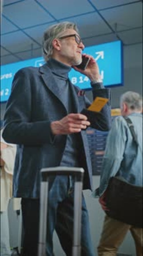 Crowded Airport Terminal Mature Man Holding Plane Ticket Talking By Mobile Phone