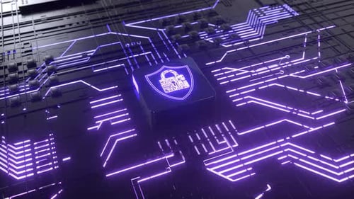 Motherboard Lock Cyber Security. Technological Ui Hud Stealing Data, Access And Video