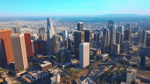 Busy lively downtown with gorgeous skyscrapers. Amazing scenery of Los Angeles, California, USA