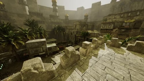 Historical Architecture of an Ancient City with Palm Trees and Fortifications