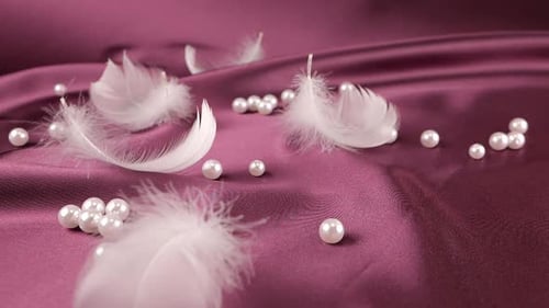 White swan feathers fall on violet plum silk with pearls. Slow motion.