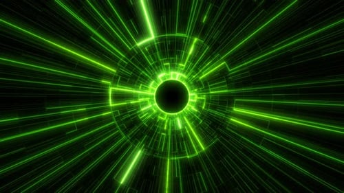 Digital futuristic tunnel or travel through time and space at high speed, moving bright neon lines.