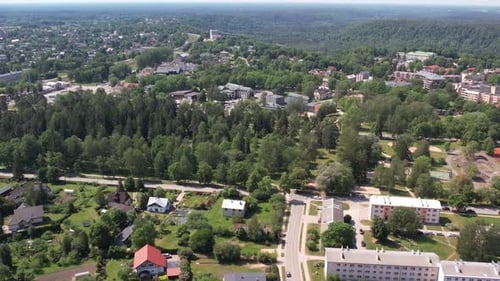 Aerial view of the city of Sigulda, located in a green park. The parish is surrounded by well-mainta