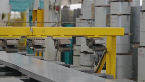 Industrial Robotic Arm Handling Metal Sheets in Factory