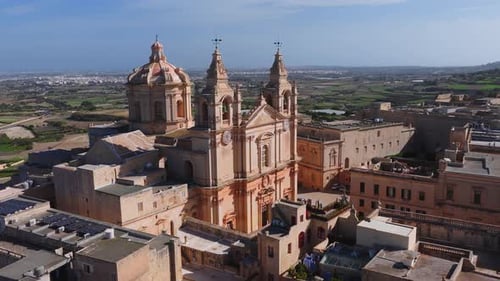 Aerial Panorama of Mdina and St Pauls Cathedral in Malta