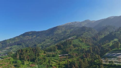 Scenic aerial view of mountain landscape with terraced fields and dense greenery under blue sky.