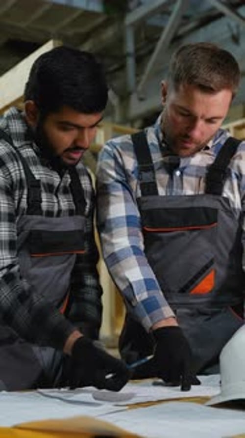Engineers Analyzing Blueprints for Modular Home Construction