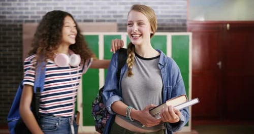 Locker, school and friends with books for learning, studying and knowledge in classroom