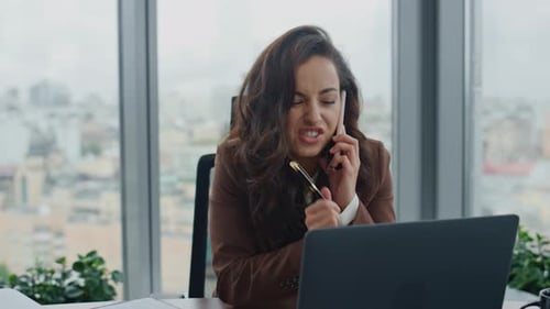 Successful Smiling Businesswoman Have Telephone Conversation Sitting Office Table with Laptop Close