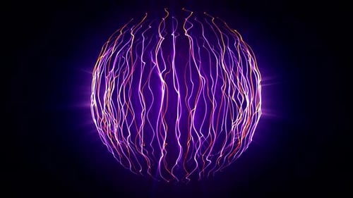 Nahtlose Loop-Animation eines abstrakten Energiekugelfeldes mit violetten und gelben Flammenlinien
