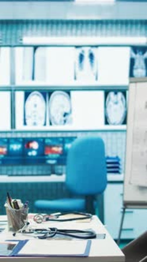 Vertical Video Empty Office in a Private Clinic Designed with x Ray Machine and Modern Gear
