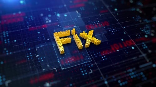 Pixelated FIX Text on Digital Technology Circuit Board Background