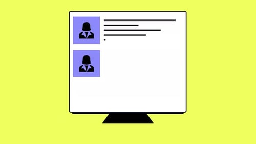 Écran d'ordinateur affichant des profils et du texte animés sur fond jaune.