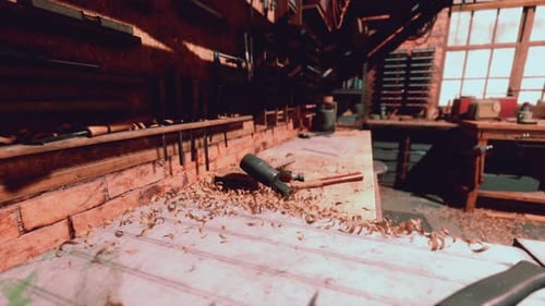 Vintage Wild West Carpenter Shop Interior with Antique Tools