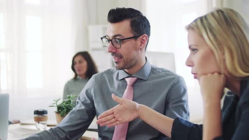 Diverse business team collaborating on laptop project in modern office space