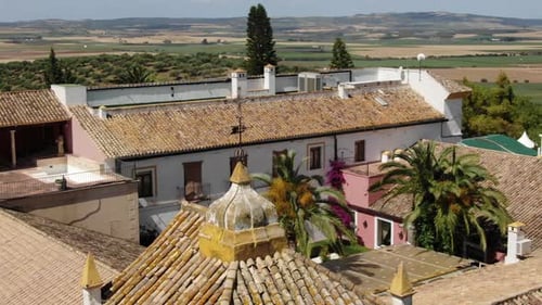 Hacienda El Rosalejo at Villamartin in Andalusia, Spain. Aerial orbiting