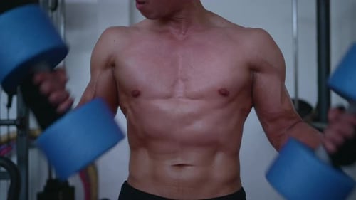 Young men lift weights in the gym to gain muscle mass.