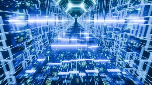 3d render cybernetic pyramid, glowing holographic digital view, glass corridor