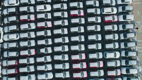 Aerial Top Down View of New Cars Parked in Car Parking Lot Car Dealer Parking Lot Full of New